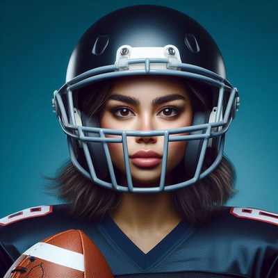 Female football player holding ball against blue background