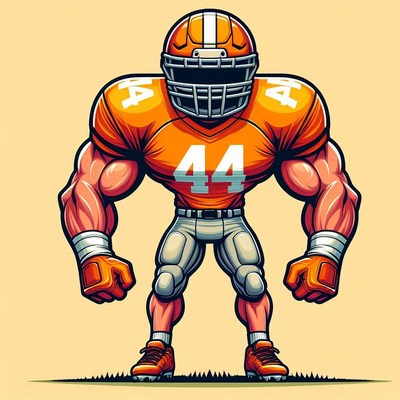 Muscular football player with orange jersey and helmet