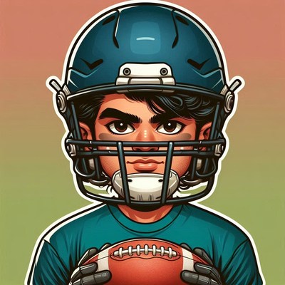 Young football player in helmet holding a football