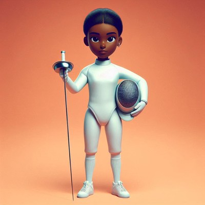 Young fencer in uniform holding foil and mask