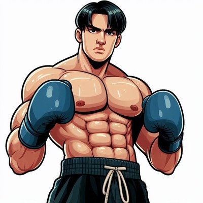 Muscular boxer in blue gloves ready for training