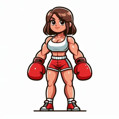Strong female boxer in red gloves and shorts
