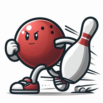 Playful cartoon bowling ball running with pin