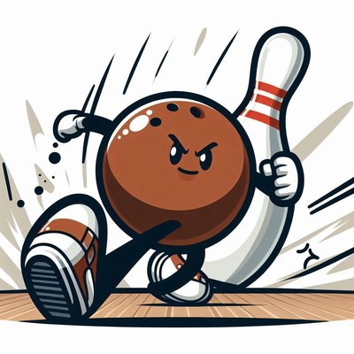Cartoon bowling ball running towards pin on lane