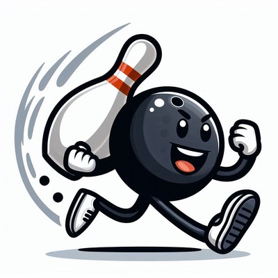 Cheerful bowling ball character running with pin