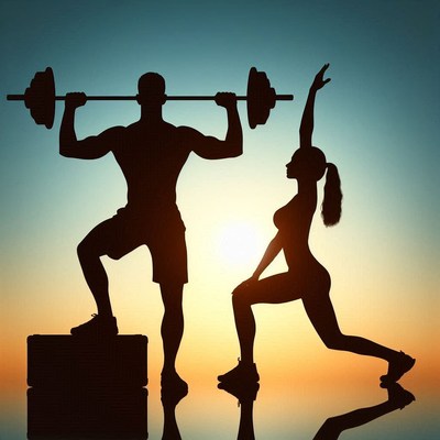 Silhouettes of weightlifting during sunset