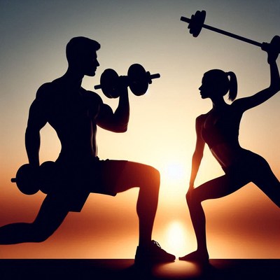 Silhouettes of athletes weightlifting at sunset