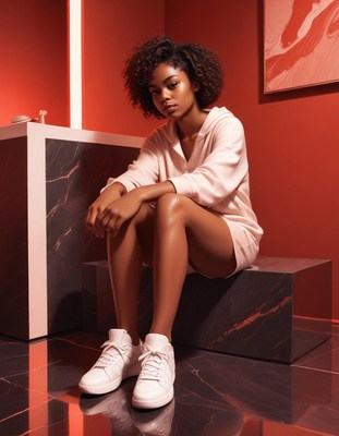 Young woman posing in modern art-inspired room