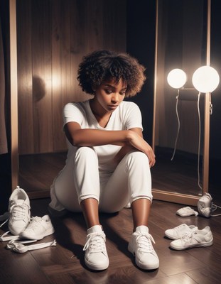 Young woman reflects amidst white sneakers in studio