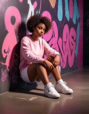Young woman in pink sweater posing against graffiti wall