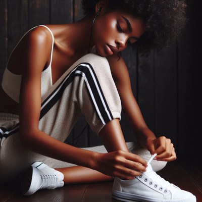 Young woman tying shoelaces in sporty outfit indoors