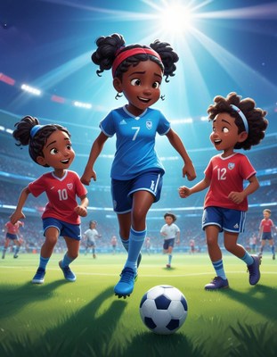 Three girls playing soccer in a stadium at daytime