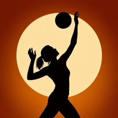 Silhouette of woman serving volleyball at sunset