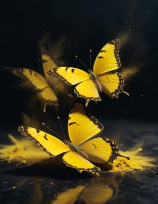 Yellow butterflies amidst yellow powder explosion