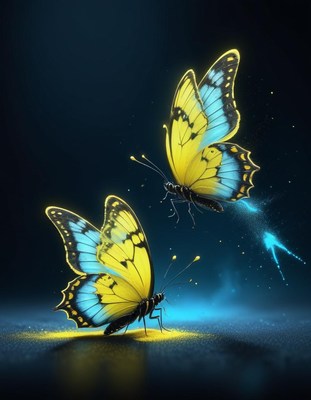 Vibrant butterflies dancing in ethereal blue light