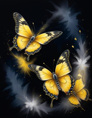 Bright yellow butterflies against dark background