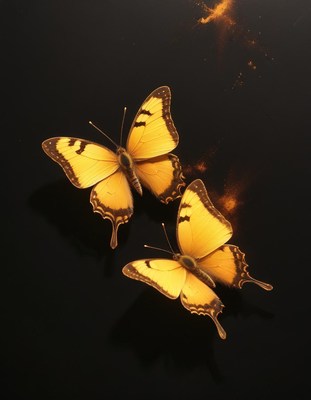 Elegant yellow butterflies on dark surface