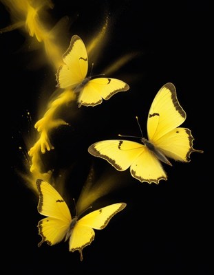 Yellow butterflies flying against black background
