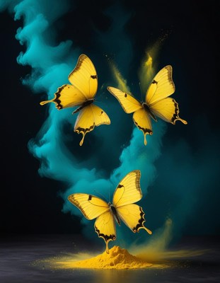 Yellow butterflies fluttering through colorful smoke