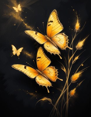 Golden butterflies among delicate flowers at night