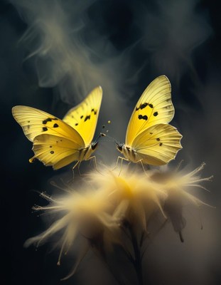 Yellow butterflies dancing over a flower at sunset