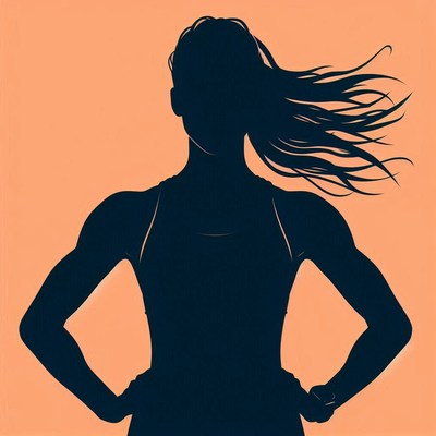 Strong female silhouette with flowing hair at dusk