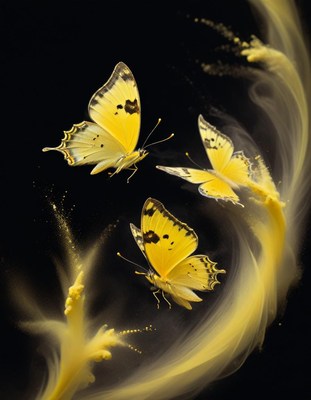 Yellow butterflies fluttering against a dark background