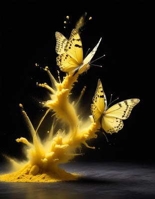 Butterflies rise from yellow powder on black