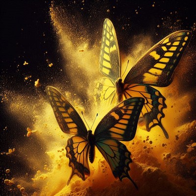 Vibrant butterflies flying through golden dust