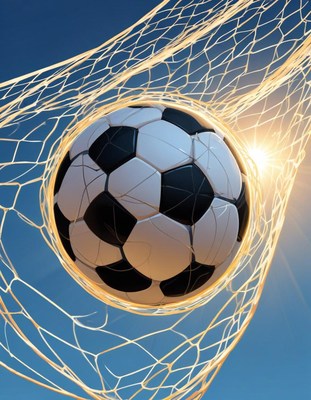 Soccer ball hitting the net under bright sunlight
