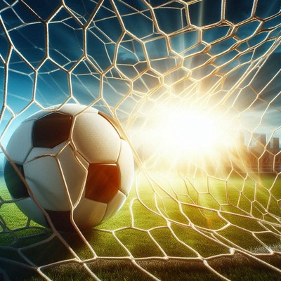 Soccer ball in goal with sunrise at stadium