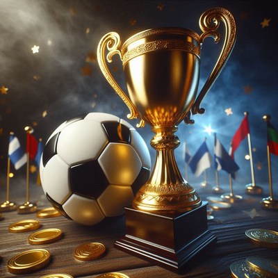 Golden trophy and soccer ball with flags and coins
