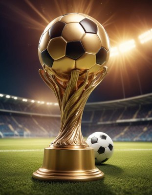 Golden soccer trophy illuminated in stadium