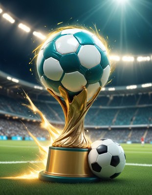 Soccer trophy glowing under stadium lights