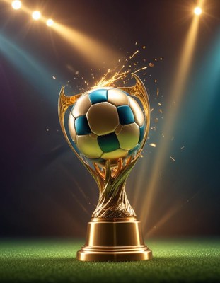 Soccer trophy with sparkling ball in stadium lights