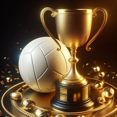 Golden trophy and soccer ball celebration at night
