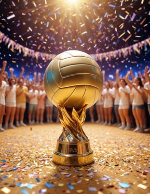 Volleyball trophy celebration at night event