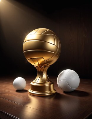 Golden volleyball trophy with white balls on wood surface