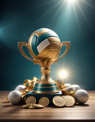 Volleyball trophy with medals and balls on display