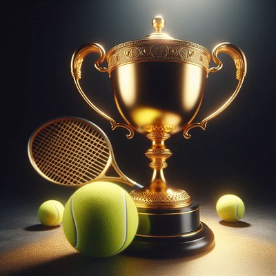 Golden trophy with tennis ball and racket on black surface