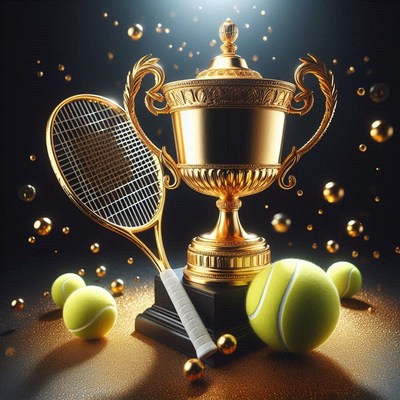 Golden trophy and tennis racket with tennis balls
