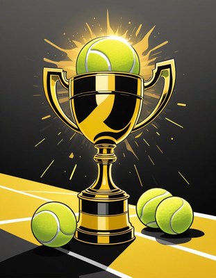 Golden trophy with tennis balls on a court