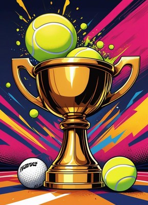 Golden trophy surrounded by tennis balls and golf ball