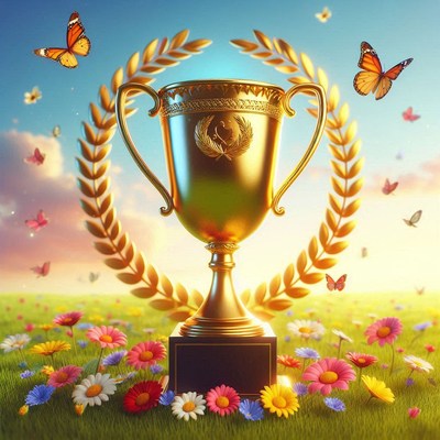 Golden trophy surrounded by wildflowers and butterflies