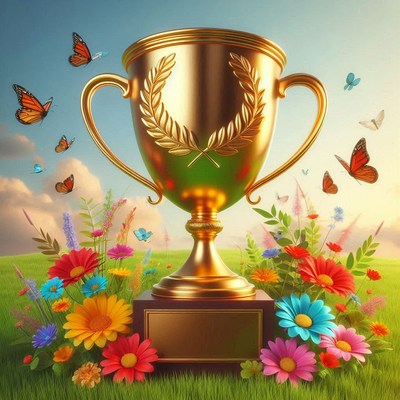 Gold trophy surrounded by flowers and butterflies