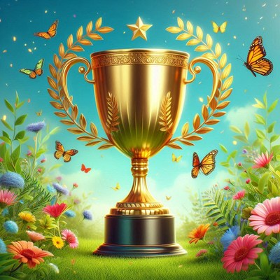Golden trophy surrounded by butterflies and flowers