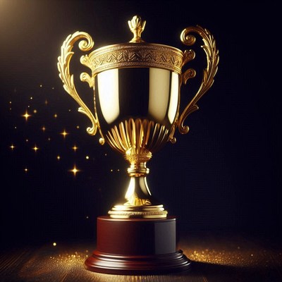 Golden trophy on display with sparkling background