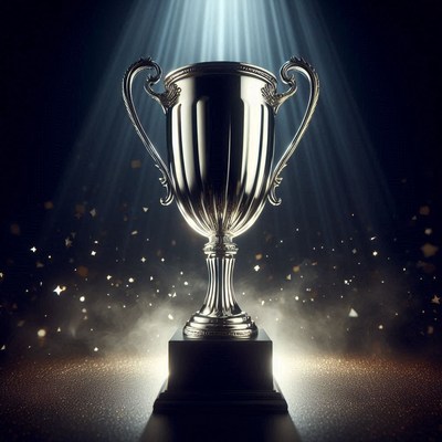 Silver trophy illuminated by spotlight with sparkles