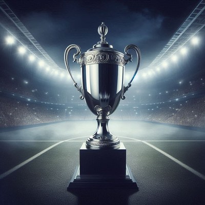 Shiny silver trophy in stadium under bright lights