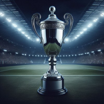 Winning trophy on football field at night